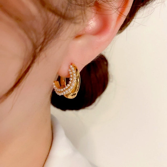 18K Gold-Plated Elegant Double-Layer Pearl Hoop Earrings