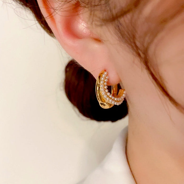 18K Gold-Plated Elegant Double-Layer Pearl Hoop Earrings