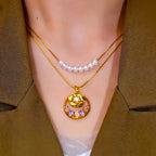 18K Gold-Plated Elegant Double-Layer Purple Diamond Rose Pearl Necklace
