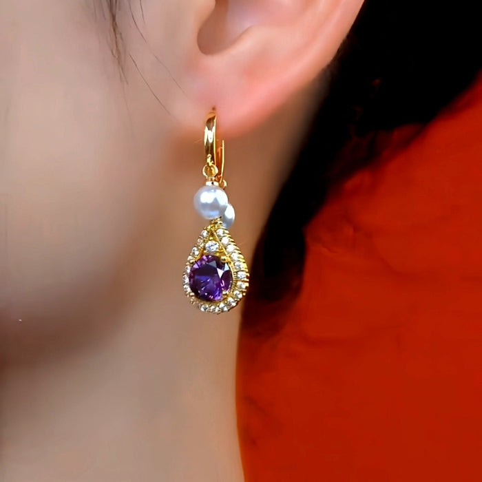 18K Gold-Plated Elegant Purple Zircon Diamond Pearl Tassel Earrings