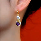 18K Gold-Plated Elegant Purple Zircon Diamond Pearl Tassel Earrings