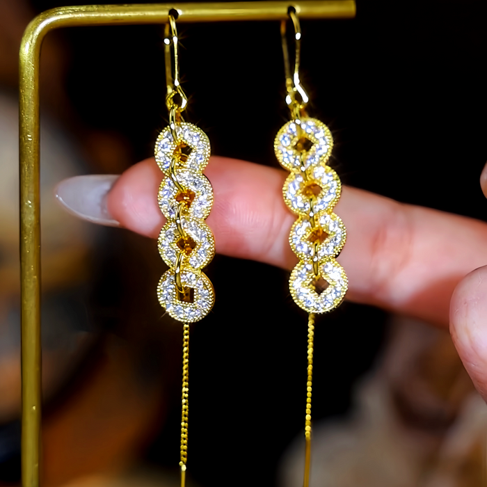 18K Gold-Plated Elegant Zircon Diamond Coin Tassel Threader Earrings