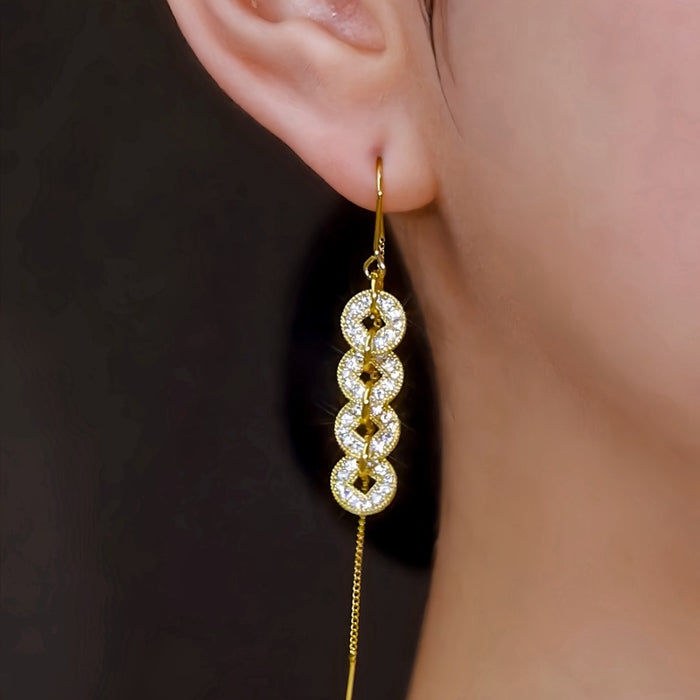 18K Gold-Plated Elegant Zircon Diamond Coin Tassel Threader Earrings