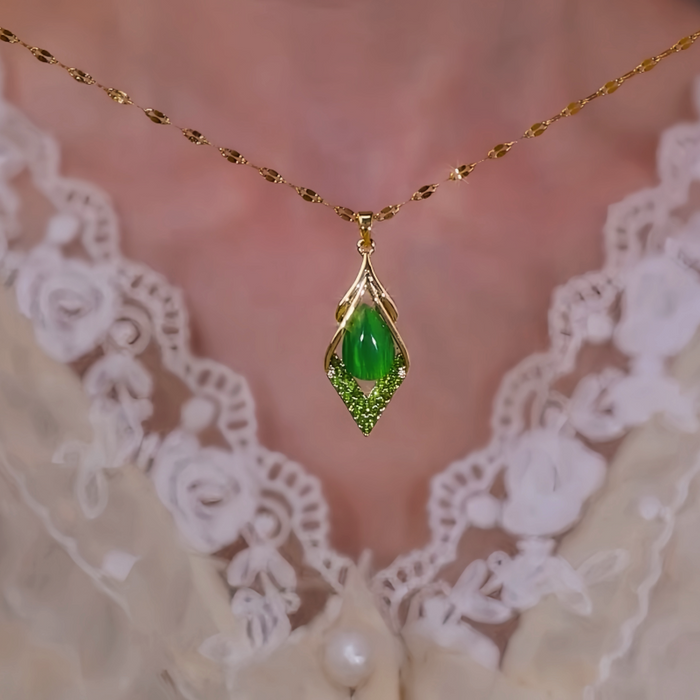 18K Gold-Plated Green Cat's Eye Diamond Pendant Necklace