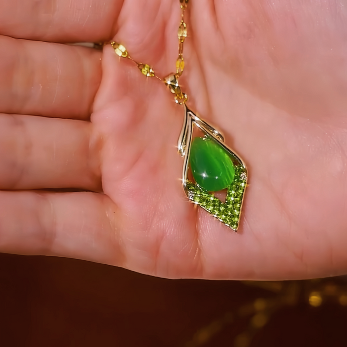 18K Gold-Plated Green Cat's Eye Diamond Pendant Necklace