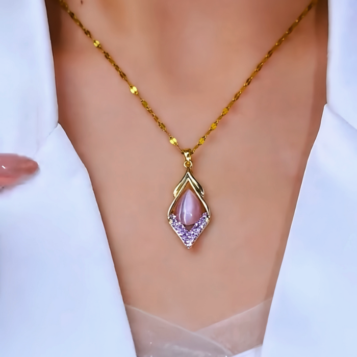18K Gold-Plated Zircon Diamond Purple Crystal Stone Water Drop Necklace