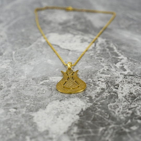 Ayatul Kursi Islamic Jewelry in Tulip Shaped Design - 24K Gold Plated Silver Muslim Pendant