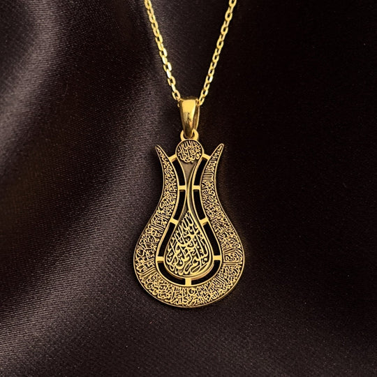 Ayatul Kursi Islamic Jewelry in Tulip Shaped Design - 24K Gold Plated Silver Muslim Pendant